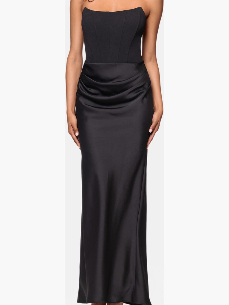 Betsy & Adam Black Strapless Satin Draped Maxi Dress